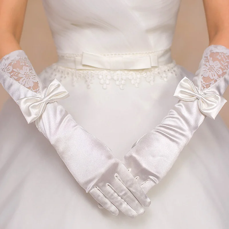 

Women Banquet Satin Gloves Full Finger Bow Floral Lace Mittens Elbow Length Wedding Accessories Performance Banquet Bride Gloves