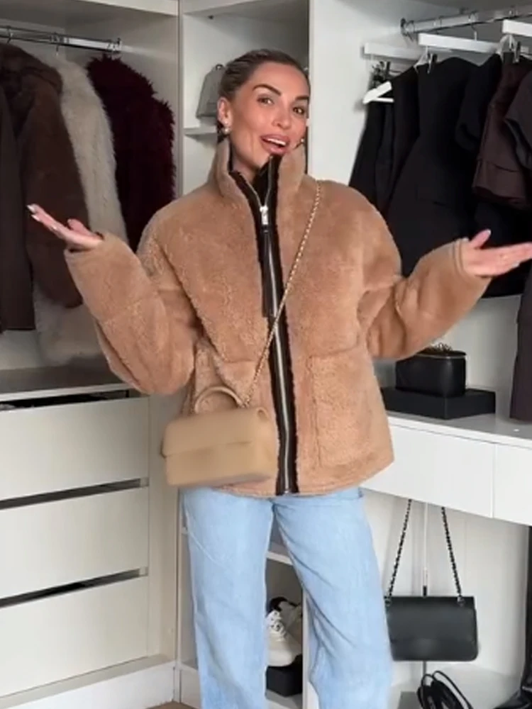 

HH Women's Winter High Collar Zipper Pocket Long Sleeves Slim Loose Casual Warm Short Coat Woman Elegant High Street Jacket