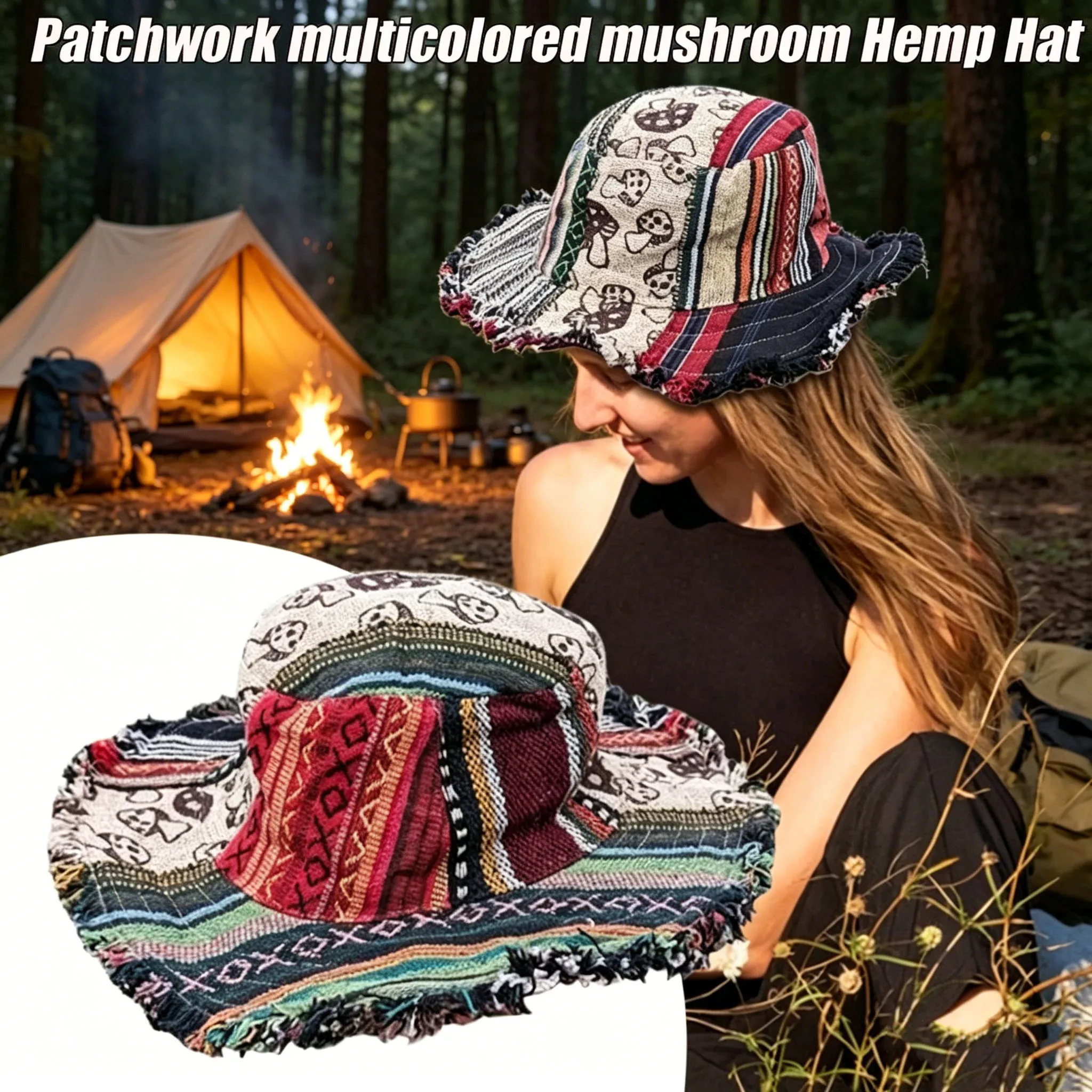 Patchwork Mehrfarbiger Pilzmuster-Webstoff-Bucket-Hat mit breiter Krempe und versteckter Tasche, Hippie-Sonnenhut für Strand, Camping und Reisen