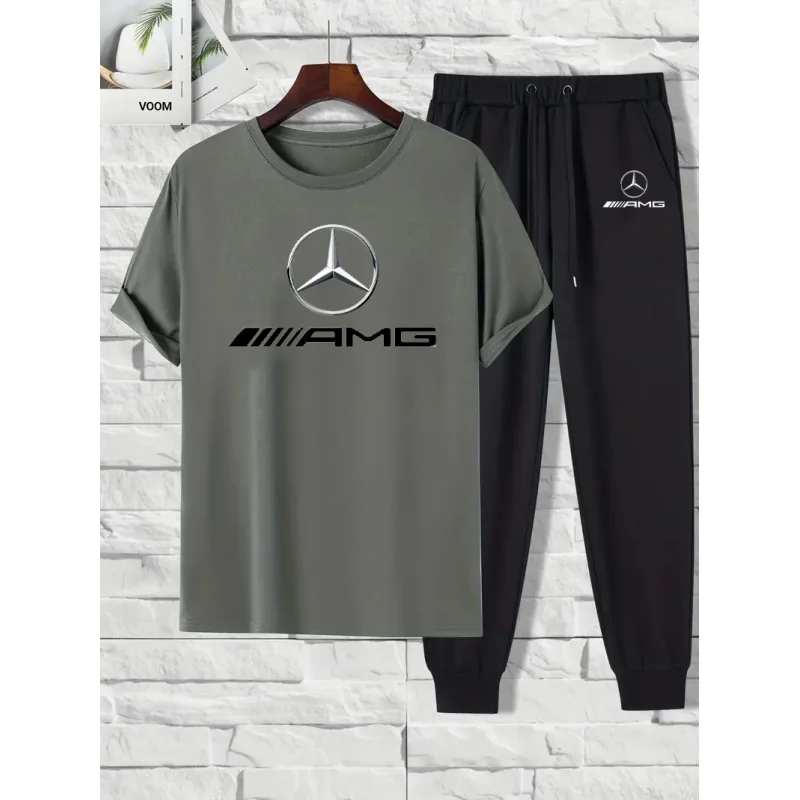 طقم مرسيدس بنز الجديد لعام 2025 للربيع والصيف، طقم قميص وسروال طويل مكون من قطعتين، كاجوال وعصري