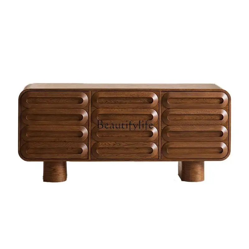 

French light luxury dining side cabinet retro medieval style wabi-sabi wind solid wood wall integrated cabinet furniture