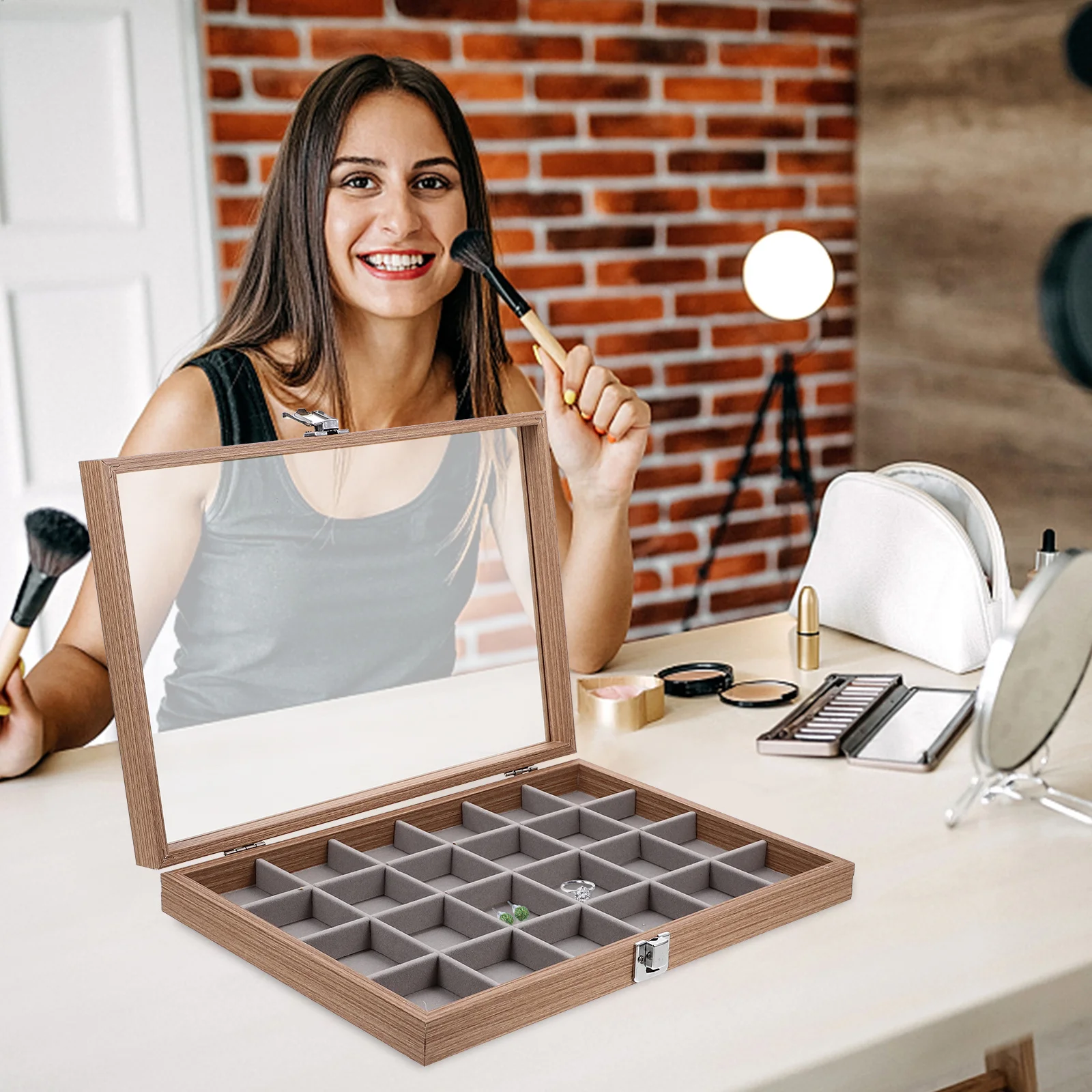 صندوق عرض مجوهرات خشبي غطاء زجاجي شفاف أقراط متعددة الشبكة قلادة حلقة تخزين منظم صندوق مجوهرات مع غطاء شفاف #2