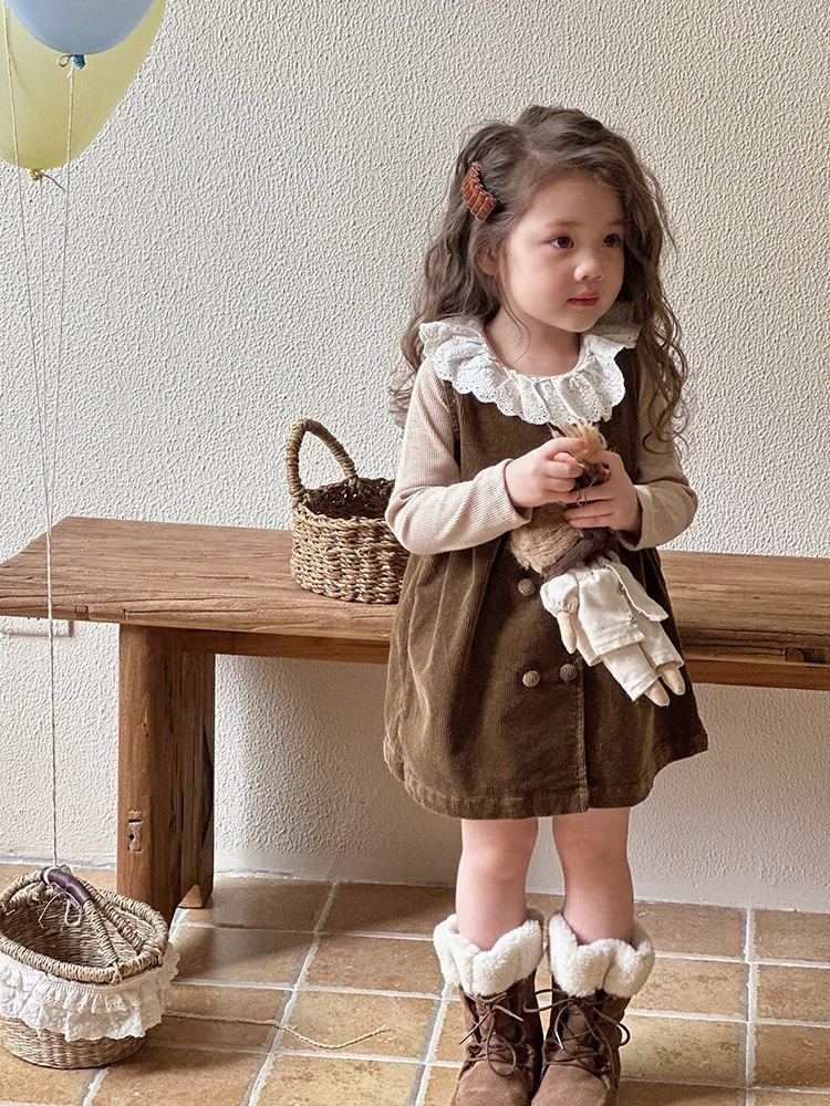 2024 Girls Outfit Sets for Children Kids Corduroy Sleeveless Dress + Lace Collar Knitted Tops Infant Girl Vintage Autumn Clothes