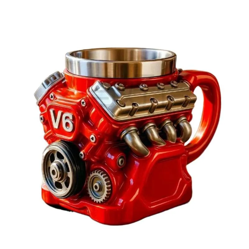 Cross Border New V8 Engine Design Stainless Steel 3D Mug Resin Craft Cup Creative Automotive Theme Drinkware Coffee Cup