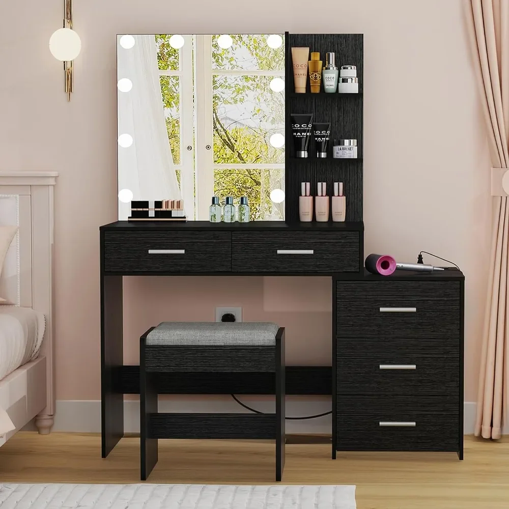 

Large Vanity Desk w/ Mirror & 10 LED Lights, Makeup Dressing Table w/ Power Strip, Storage Shelves & 5 Drawers, Vanity Table Set