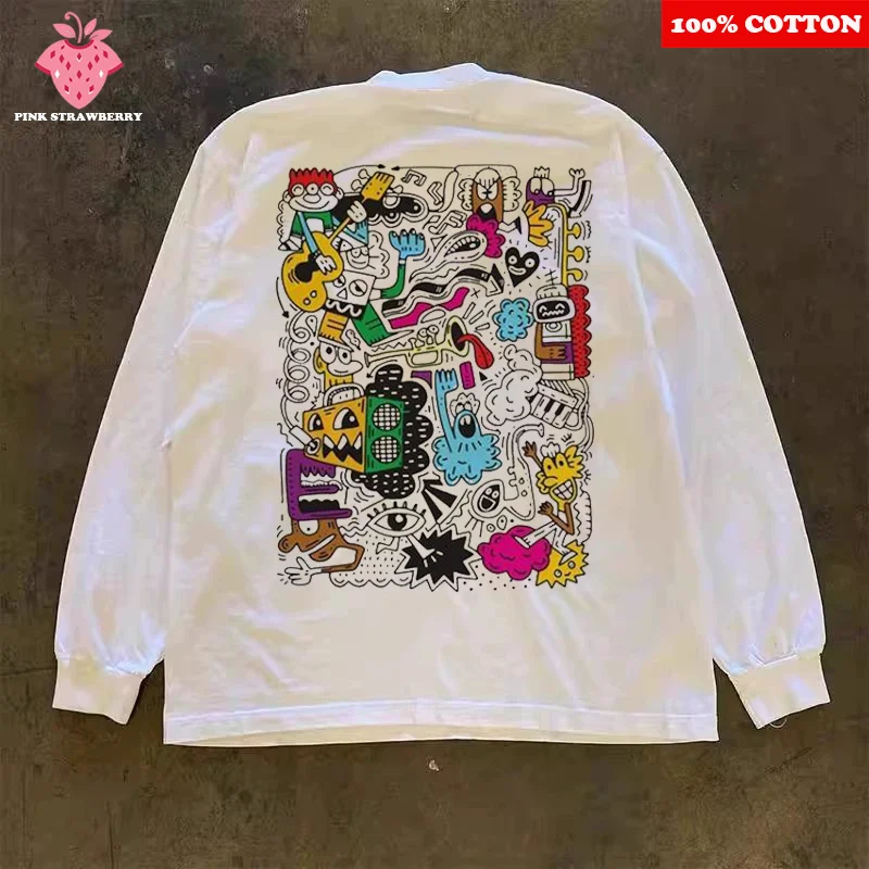 

American Cartoon Graffiti T-shirt Men Aeutumn Summer 2025 New 100% Cotton Long sleeve T-shirt Casual Loose Y2k Top Men clothing