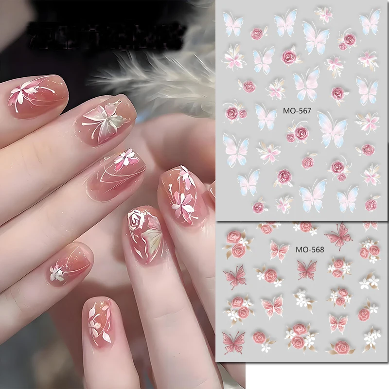 

5d Emboss Nail Art Stickers Candy Pink Purple Roses White Jasmines Flowers Butterflys Nail Decals For Manicure Tips Accessories