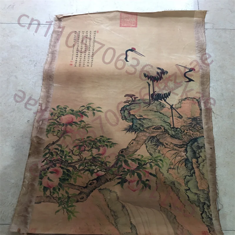 

Китайская старинная роспись на рисовой бумаге: Картина Шэнь Цюань - Персики и Журавли, традиционный азиатский декор