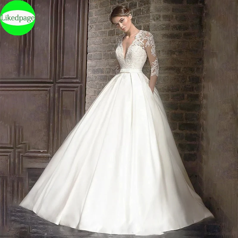 

Elegant Appliques Three Quarter Sleeve Wedding Dresses For Women2024 V-Neck Vestidos De Novia With Belt Bow Bride Gowns A-Line