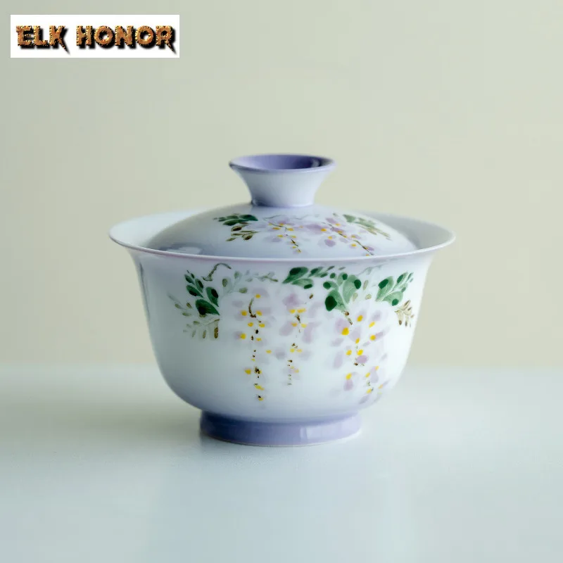 

100ml Hand-painted Wisteria Flower Gaiwan Aesthetic Tea Tureen Household Tea Bowl With Lid Kit Tea Making Cover Bowl Cha Craft