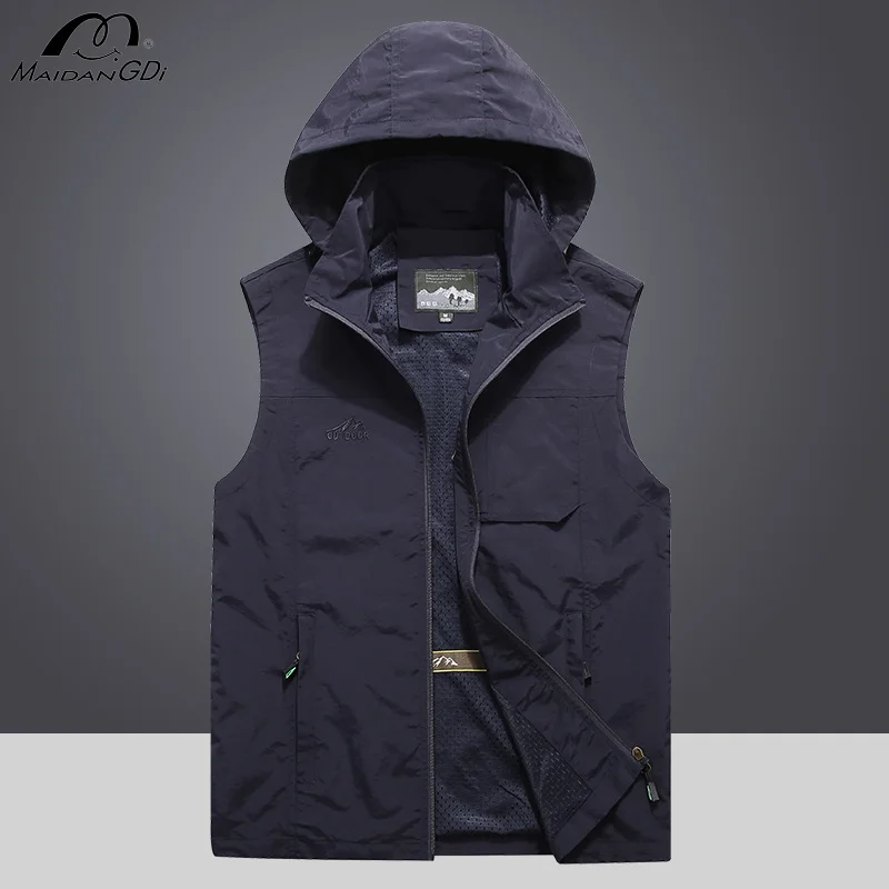 Maidangdi Vest with Multiple Pockets Men's Quick Drying Detachable Hat Loose Size Vest Fishing Photography  Shoulder  Jacket Y2K