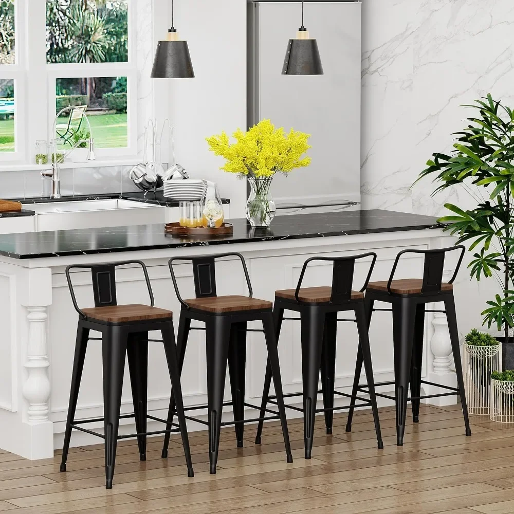 

30 Inch Bar Stools Set of 4 Bar Height Metal Barstools with Wood Seat Low Back Kitchen Bar Chairs Matte Black Living Room Chairs