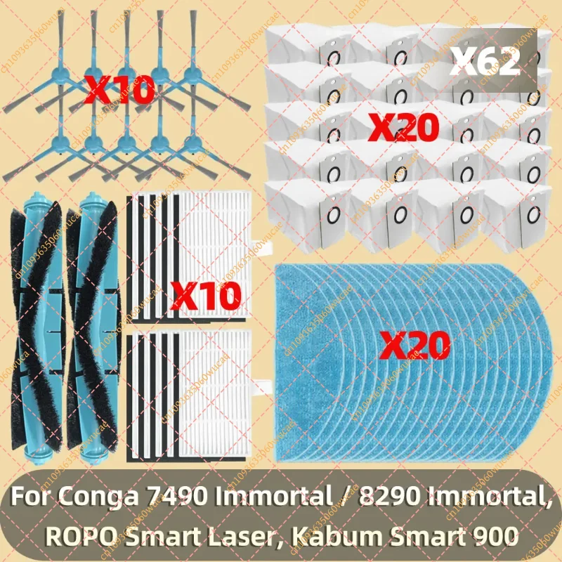 Main Side Brush Mop Cloth Filter Dust Bag Replacement Kit Compatible with Conga 7490 8290 Immortal ROPO Kabum Smart 900