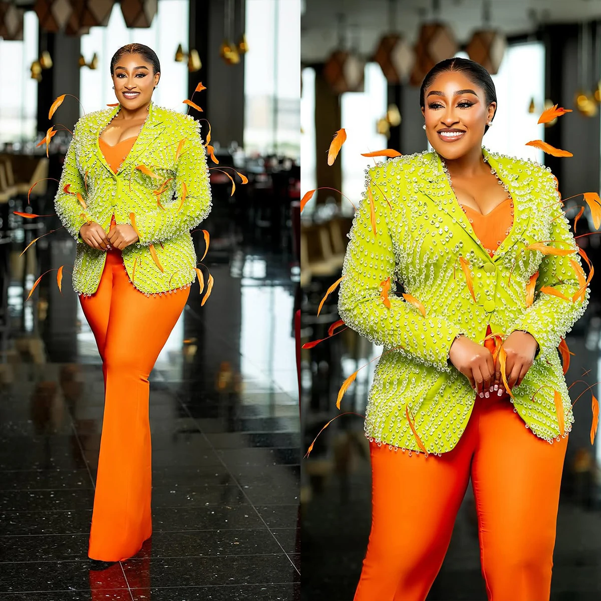 

Plus Size Women Jackets Suits Luxurious Design Beading Business Party Ladies Blazer Dress 2 Pieces Customized Flared Trousers