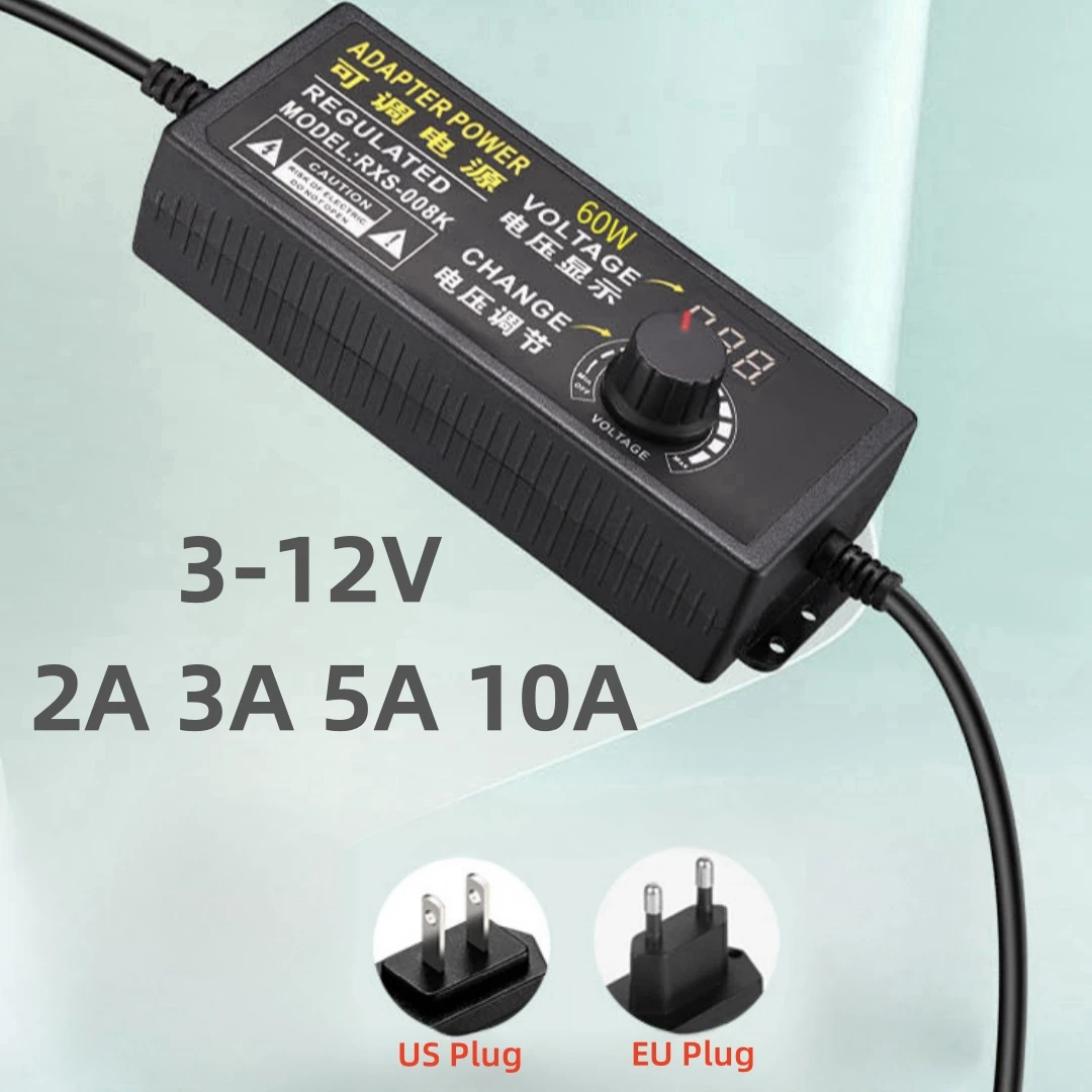 Adjustable AC110-220V To DC 3V-12V 2A 3A 5A 10A Universal Adapter with Display Screen Voltage Regulated Power Adapter DC Switch