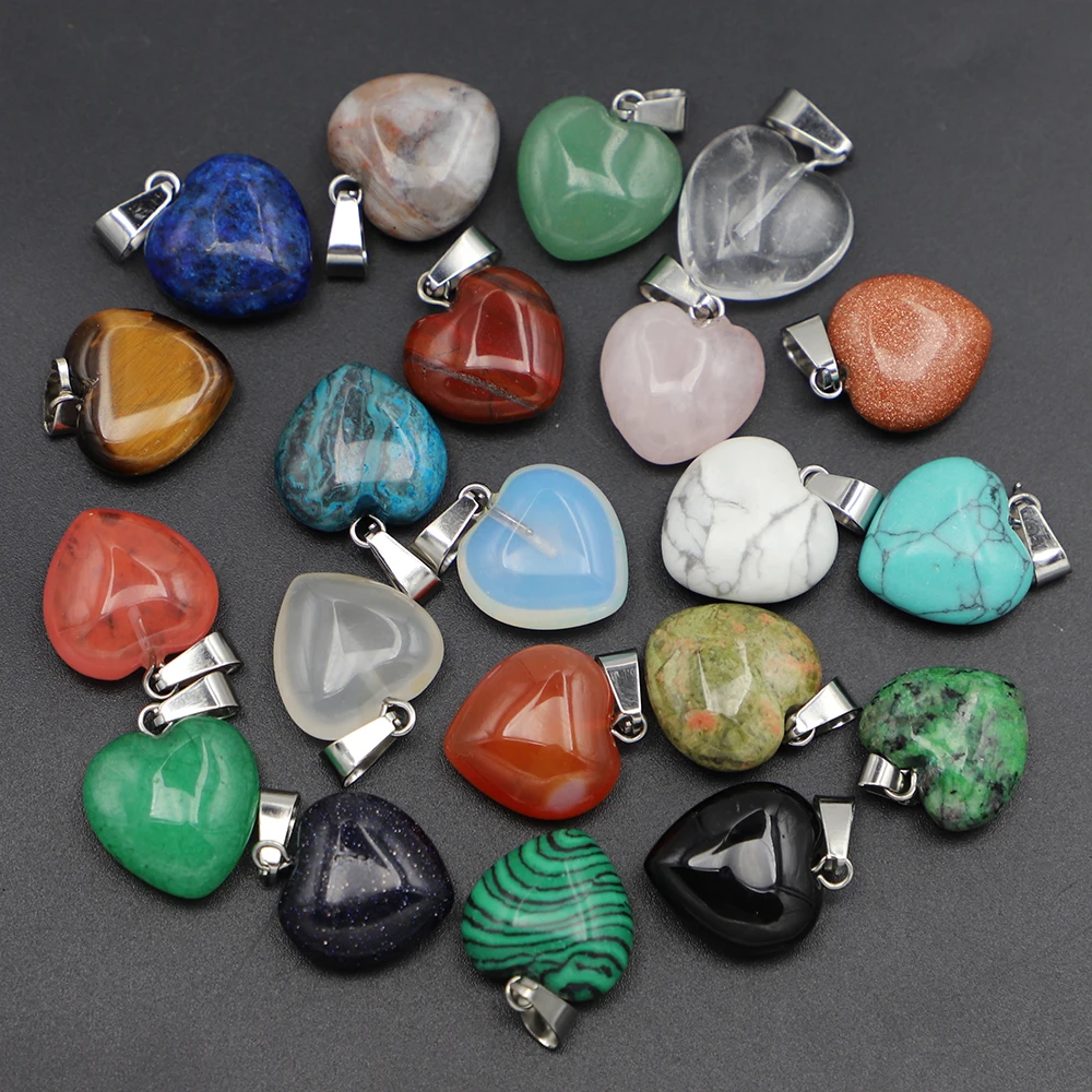 16MM Natural Stone Heart Pendants Agate Crystal Turquoise Opalite Epidote Aventurine Charms Women Jewelry Making Wholesale 25Pcs