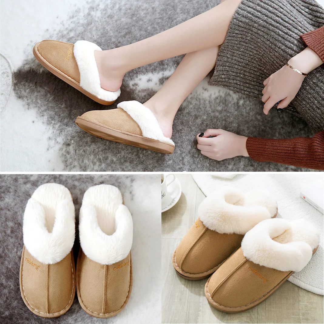 

Winter Women Slippers Furry Home Floor Shoes Warm Indoor Slides Bedroom Slippers Plush Couples Footwear Soft Non-slip Shoes Men