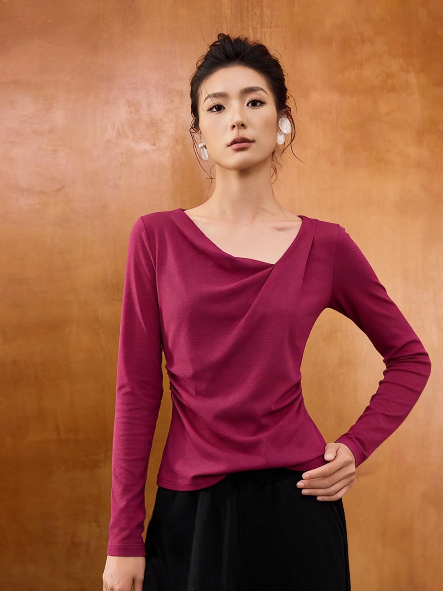 

Женская футболка с эффектом похудения, асимметричным вырезом на плече, повседневная, из смесового хлопка, с длинным рукавом, V-образный вырез, из частной коллекции Big Sister.