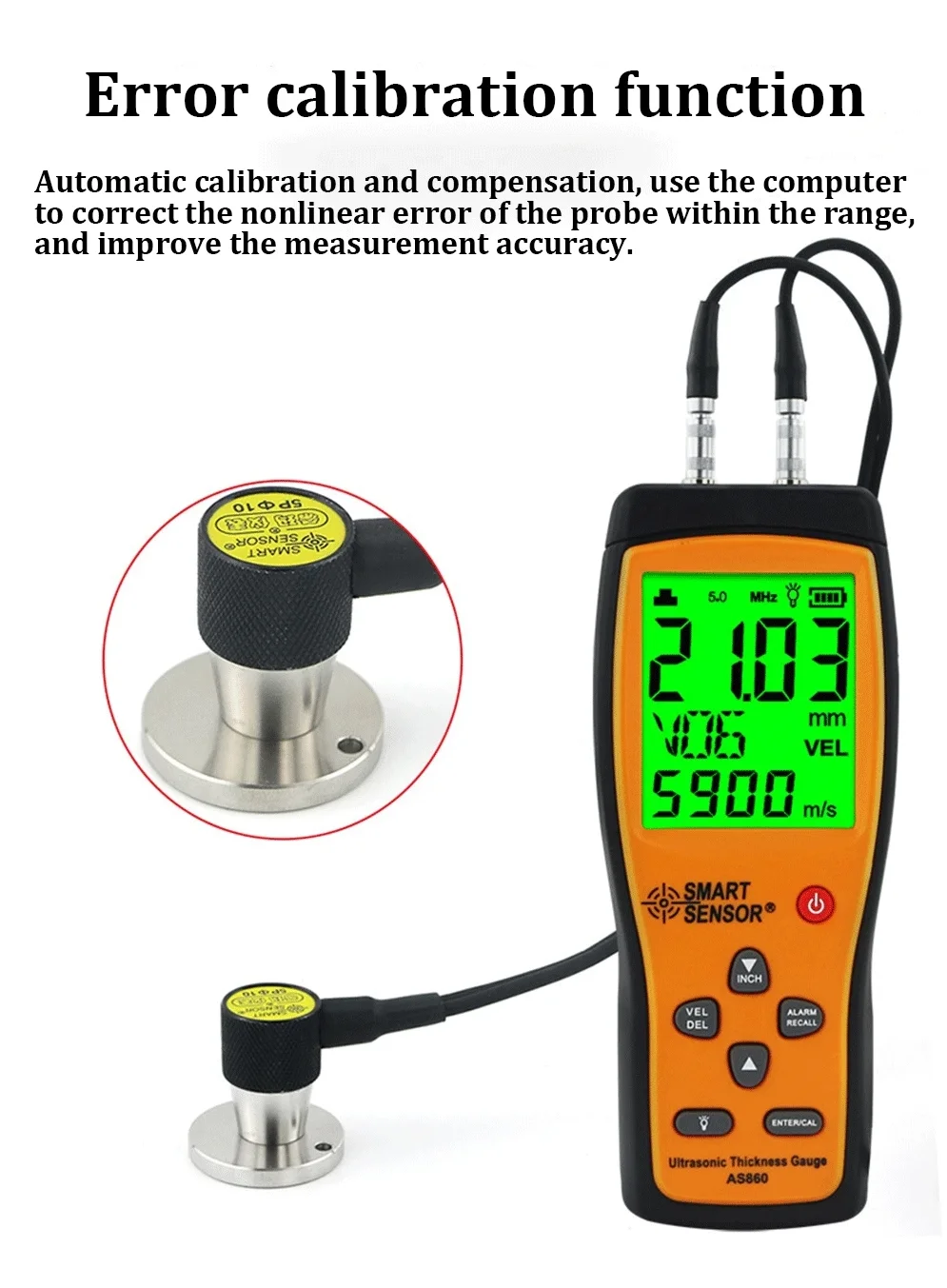 Smart Sensor AS860 Ultrasonic Thickness Gauge Digital Sheet Metal Measuring Range 1.0 to 300mm Steel Sound Velocity Meter