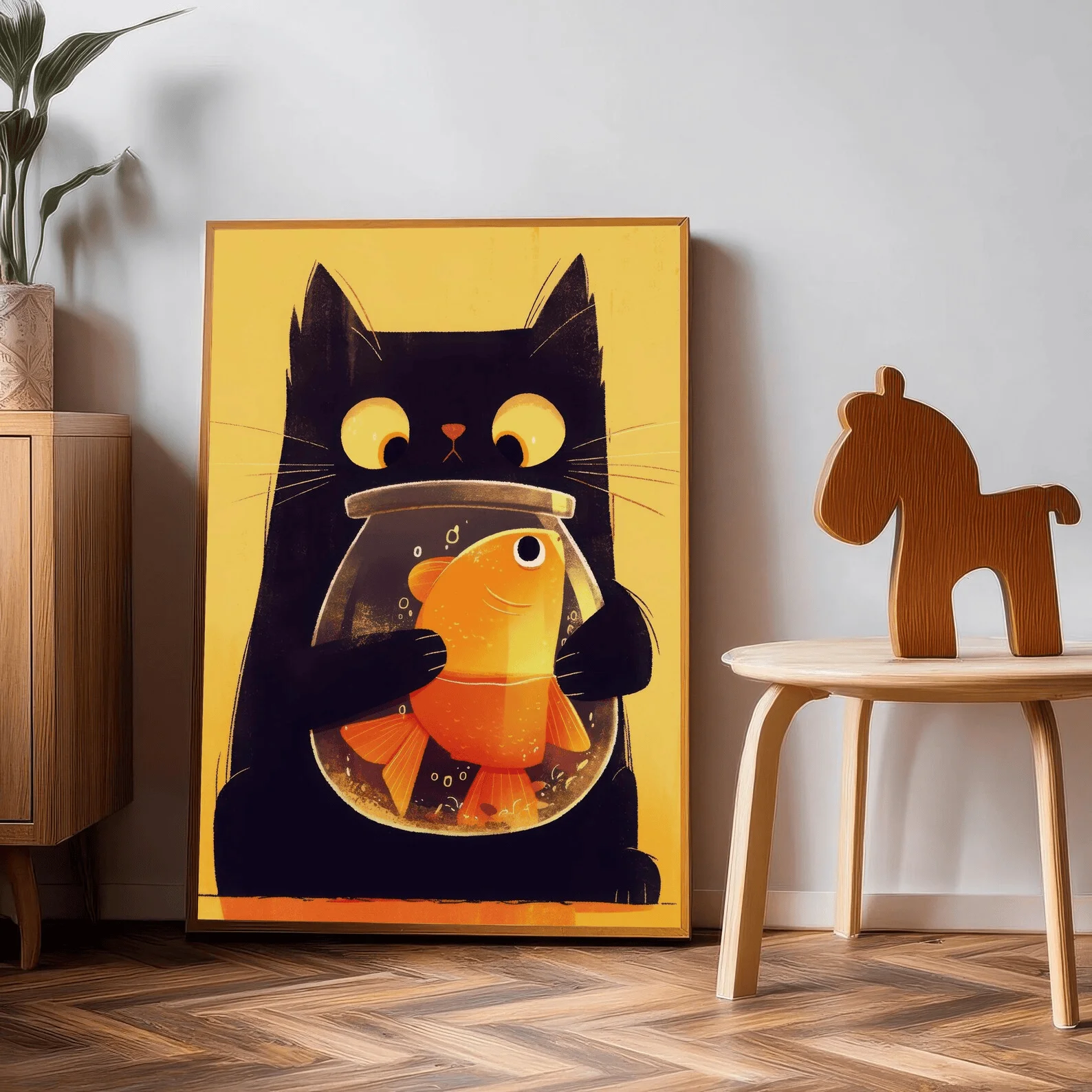 Big Eyed Cat with Fish Bowl Wall Art Printable Playful Kitten Digital Print Charming Pet Lover Decor - Modern Animal Art Printab