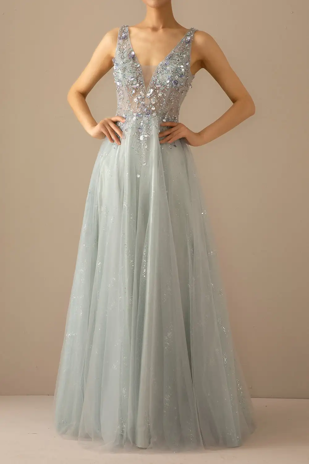 Abito da sera lungo in Tulle grigio blu A Line muslimexmuslimate
