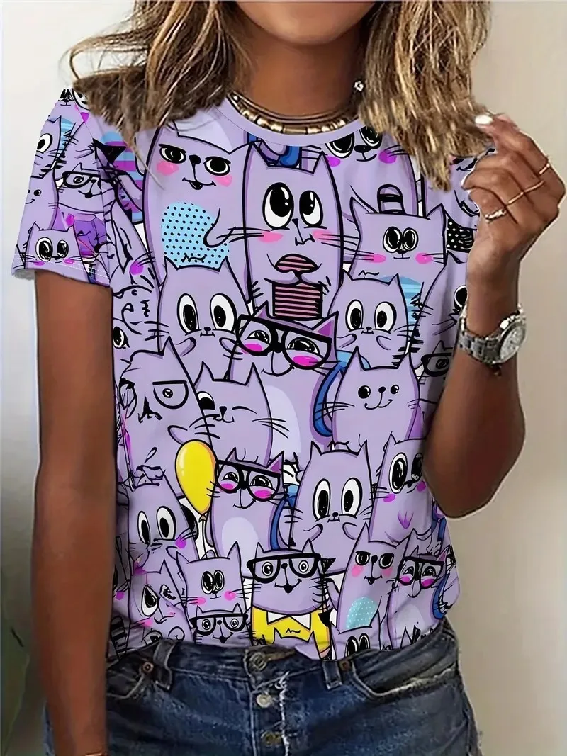 Schafe Hund Katze T-Shirts Tier Muster 3D Druck Frauen Oansatz Kurzen Ärmeln T Shirt Straße Y2k Harajuku Tees Tops Weibliche Kleidung