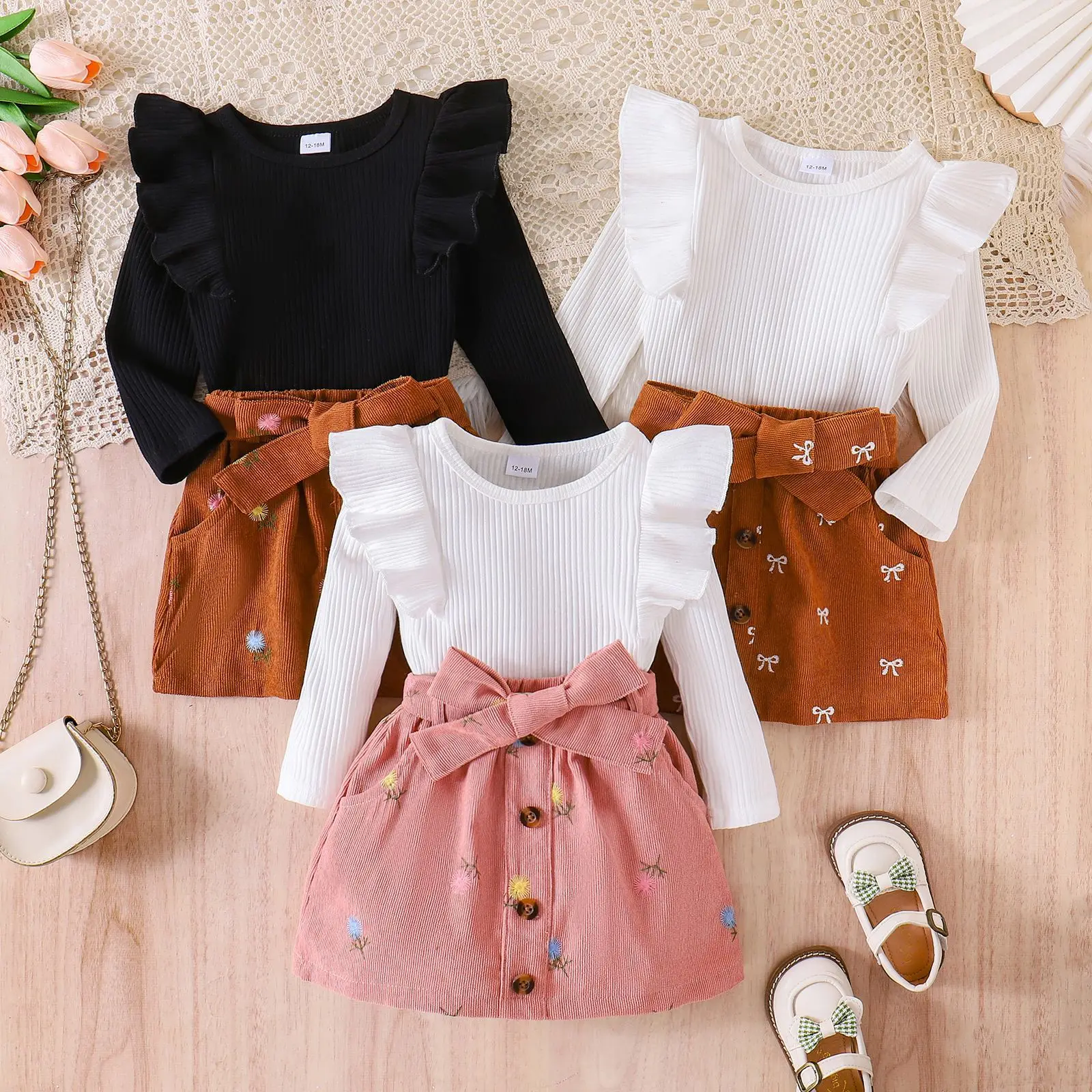 

Cute Outfits For Baby Girls Fashion Plaid Knit Ribbed Sweatshirt Shirt Tops Skirts Sets Fall Winter Holiday Party Clothes Hot