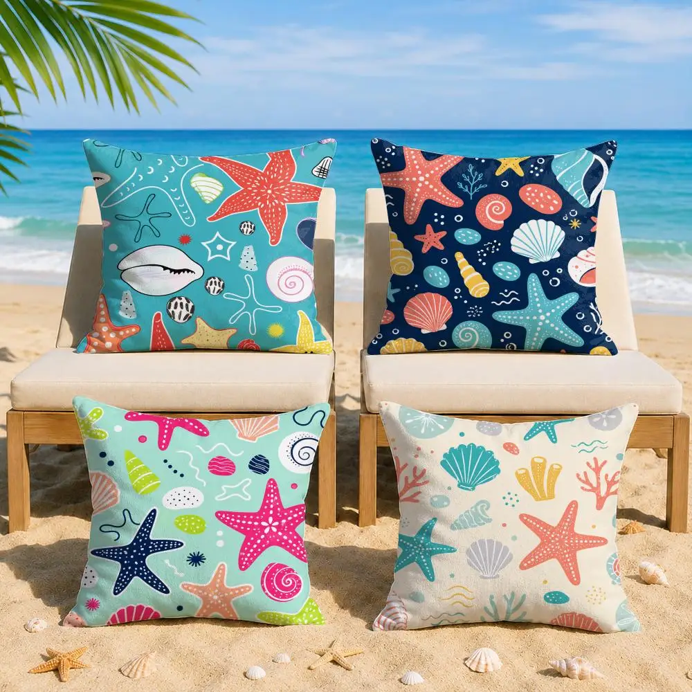 Starfish Conch Cushion Cover Short Plush Soft Double-Sided Printing Pillow Case Cozy Sofa Bedroom Home Decor Gift