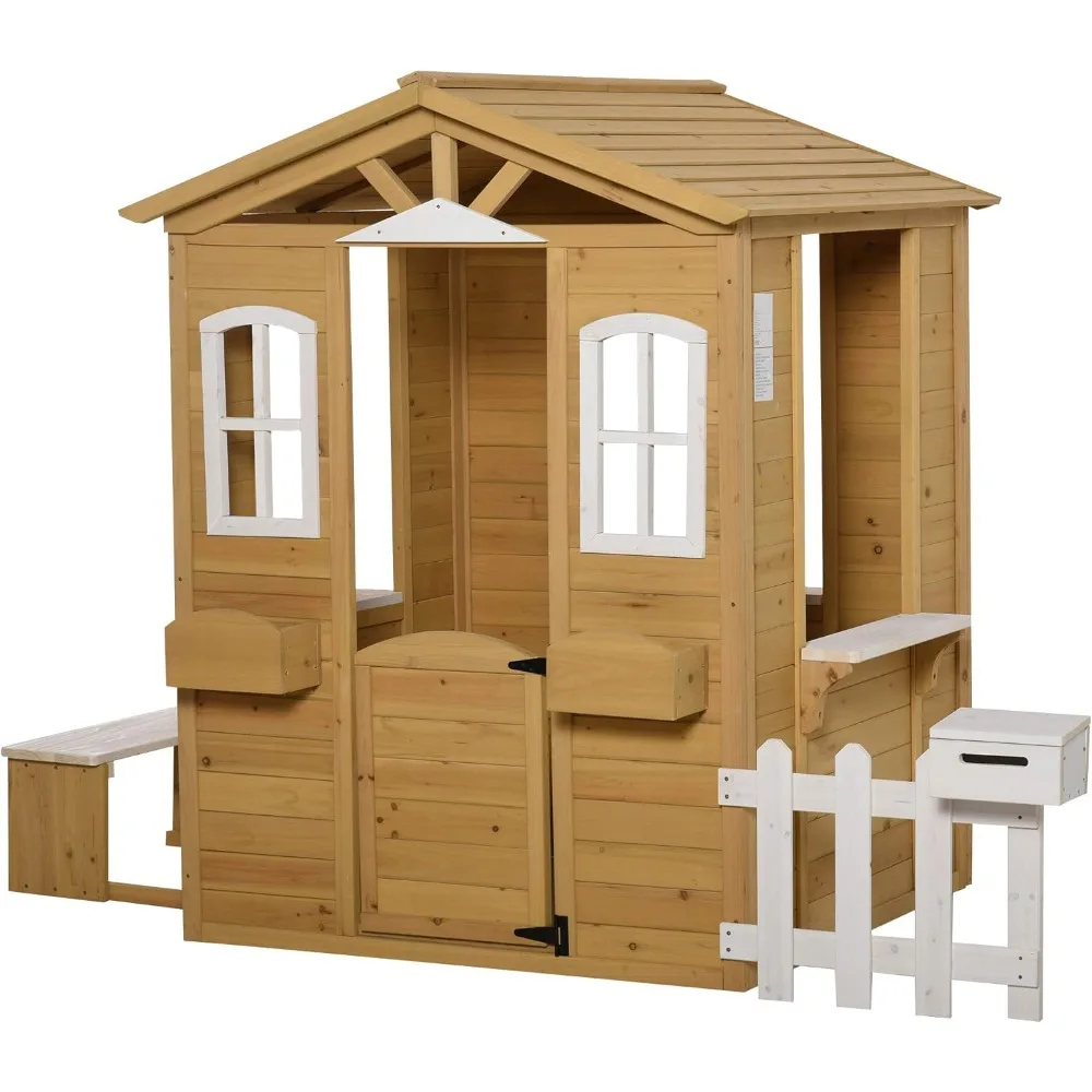 

Outsunny Outdoor Playhouse for Kids Wooden Cottage with Working Doors Windows & Mailbox, Pretend Play House for Age 3-6