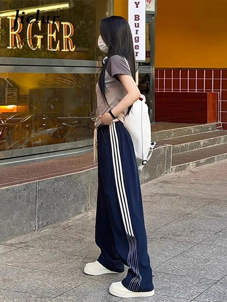 Jielur Spring New Loose Straight Leg Pants Female Fashion Street High Waist Women Pants American Striped Navy Street Woman Pants