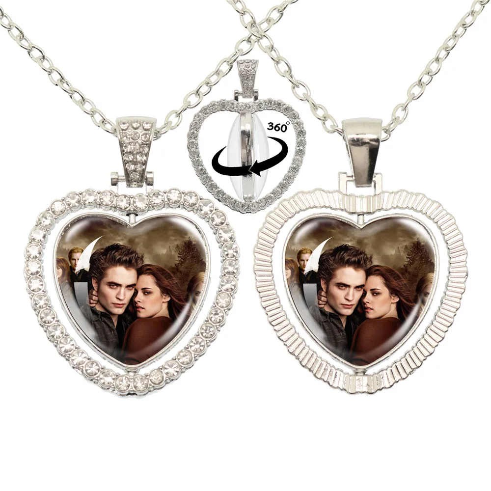 Twilight Movie Glass Heart Pendant Double Sided Necklace 360 Degree Rotation Men Women Fashion Accessories Jewelry Gift