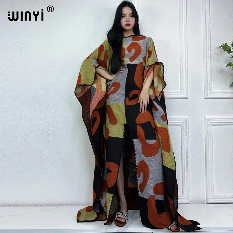 Winyi 2023 Print Comfort Warm Mode Kaftan Vakantie Jurk Elegante Afrika Vrouwen Boho Feest Winter Kleding Voor Vrouwen Lange Jurk