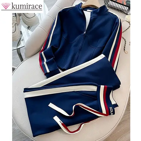 Blue Casual Sports Suit Women's Autumn and Winter Stylish Slimming Cardigan Sweatshirt Straight Leg Pants Two-piece Setpant Sets