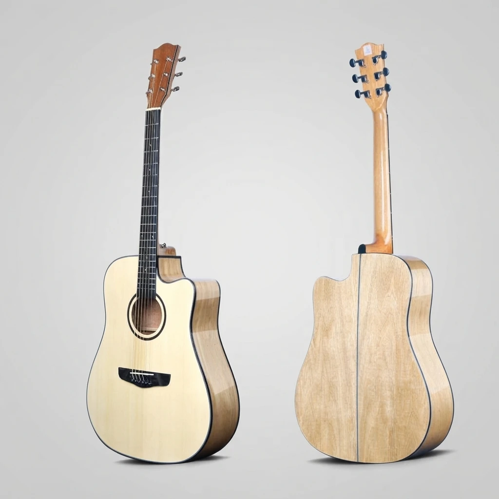 Dreadnought Cutaway Steel‑String Acoustic Guitar, Natural Light Wood High‑Gloss Finish, Decorative Soundhole Rosette And Slim