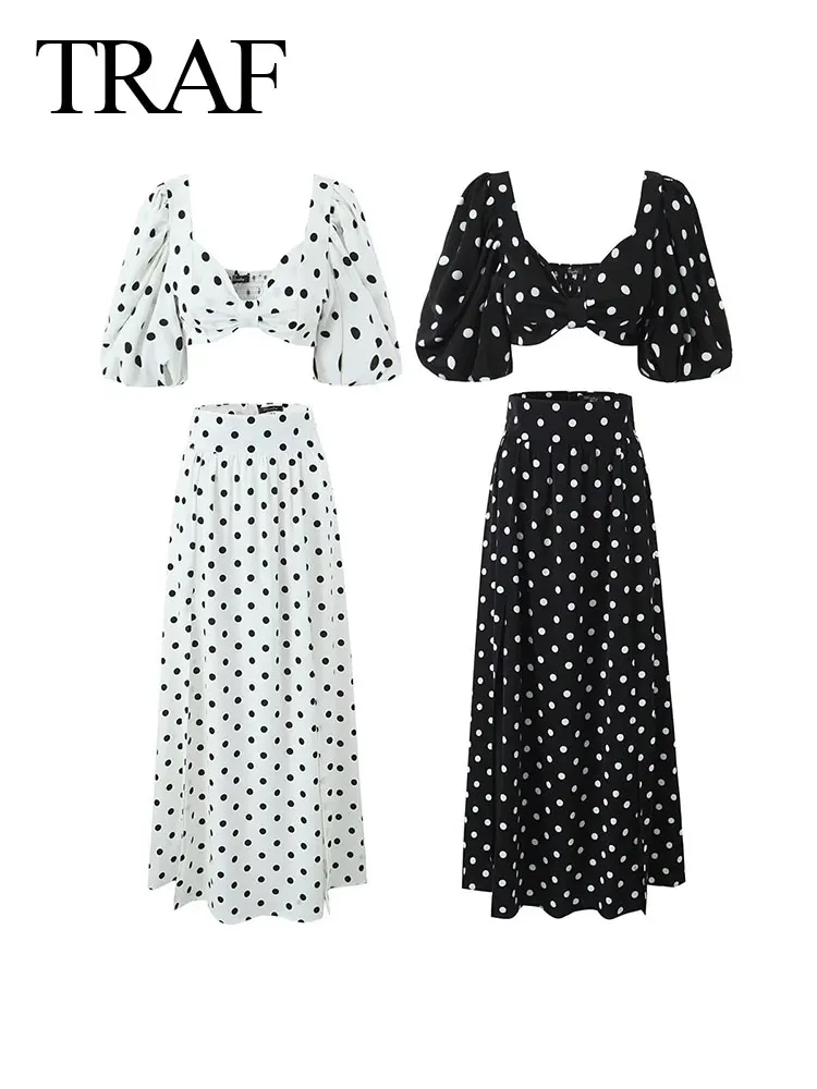 TRAF 2024 Women Elegant Skirt Suit Polka Dots Printed Cropped Short Sleeves Square Neck Top High Waist Slit Skirt Gentle Set