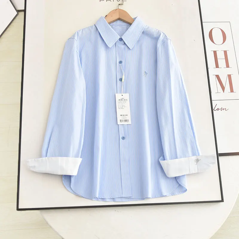 

McSystem 2025 Autumn New Sle Korean Loose Collar Commute Casual Blue Striped irt Women Breathable Long Sve