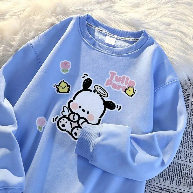 

Женская толстовка Sanrio Pochacco на флисовой подкладке, утолщенная, для осени и зимы, милый свободный крой оверсайз, новый стиль, повседневный стиль