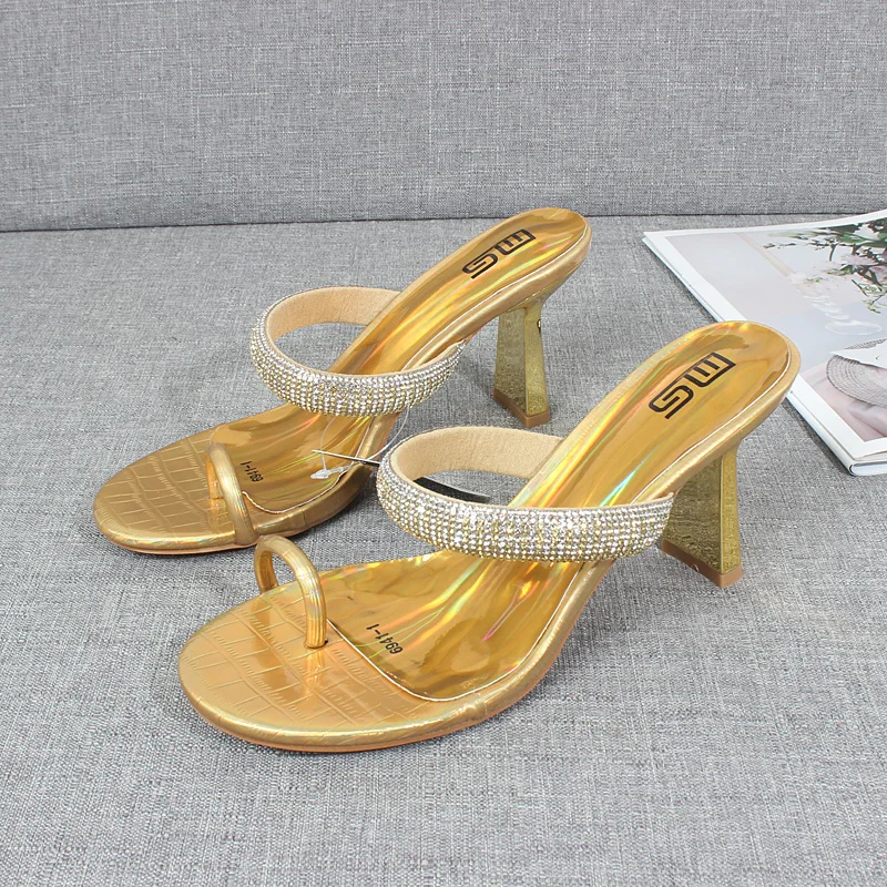 Women's Sandals 2024 Summer New Patent Leather Embossed Set Toe Crystal High Heels Gold Fashion Sexy Outside Women's Slippers