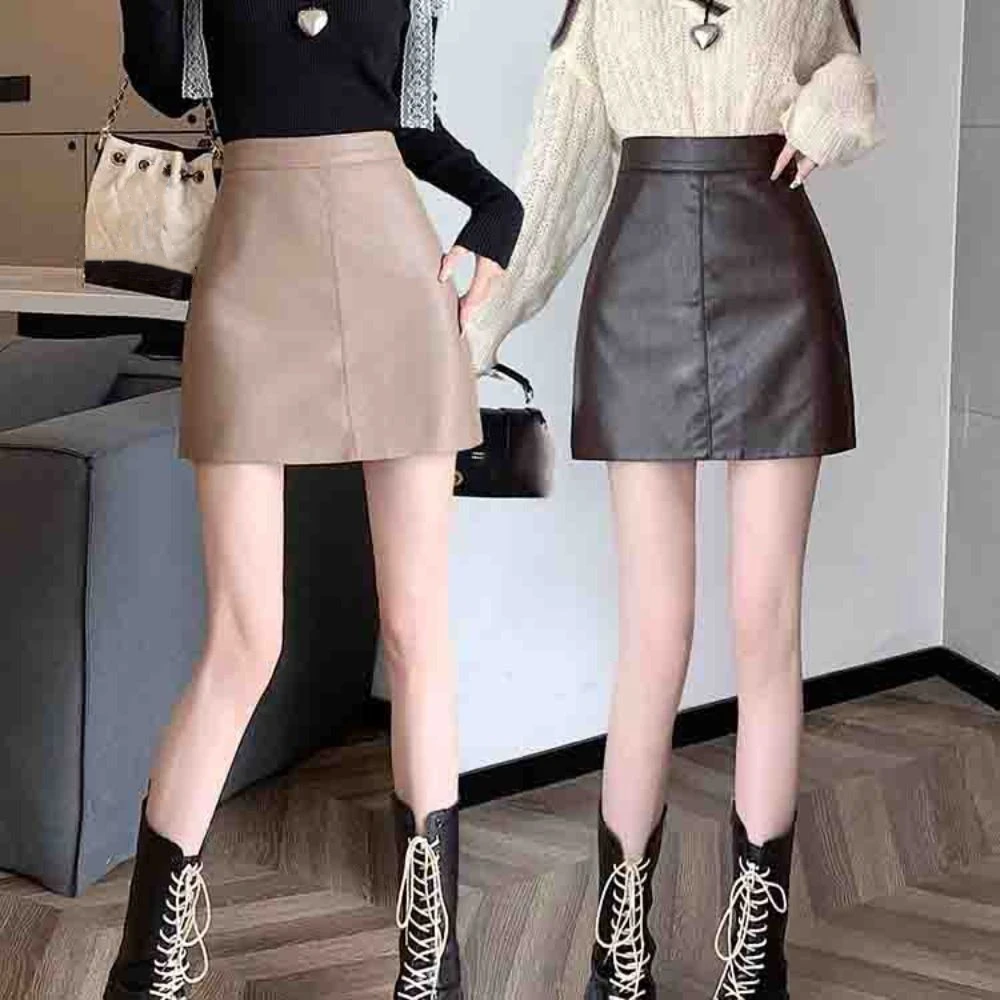 

Zipper PU Leather Skirt with Safety Pants Tiered Short Mini Skirts Korean Style Waterproof High Waist A-line Skirt Summer