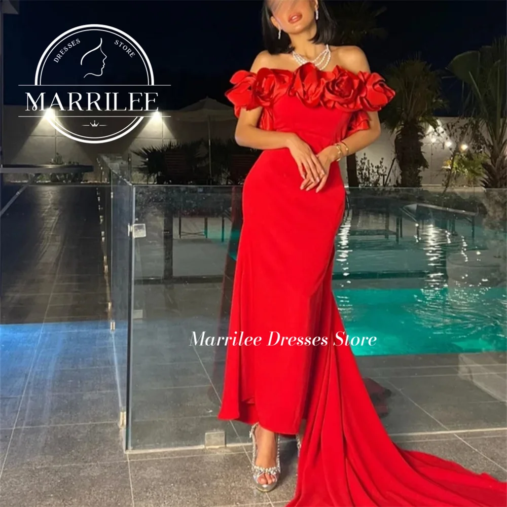 Marrilee Customized The Shoulder 3D Flowers Stain Meimaid Evening Dress Sexy Ankle Length Open Back Sleeveless Prom Patry Gowns