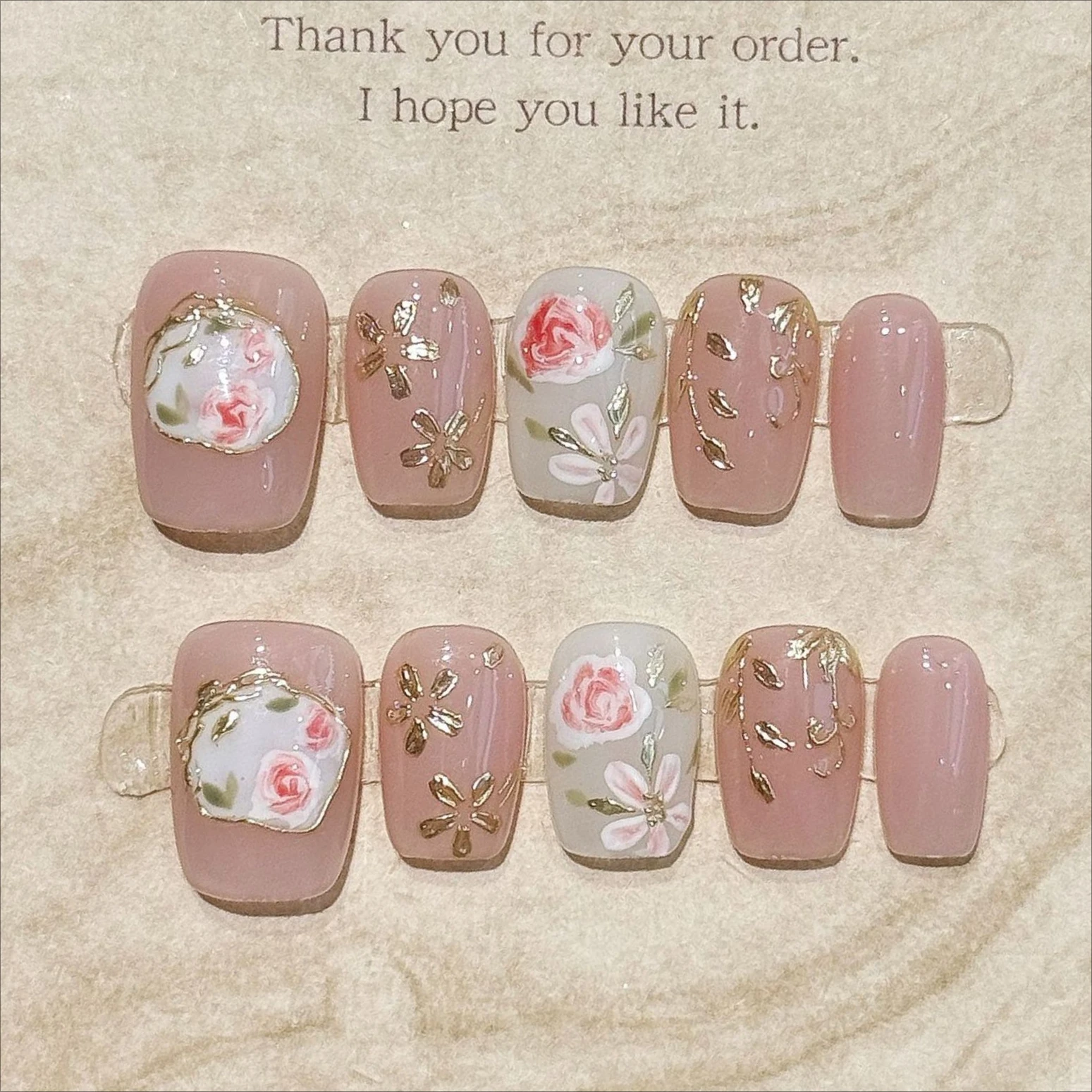 

10Pcs French Elegant Ballet Fake Nails Tip Pink Short Square Handmade Nails with Gold Stripes Floral Wearable Rose Pattern Nails