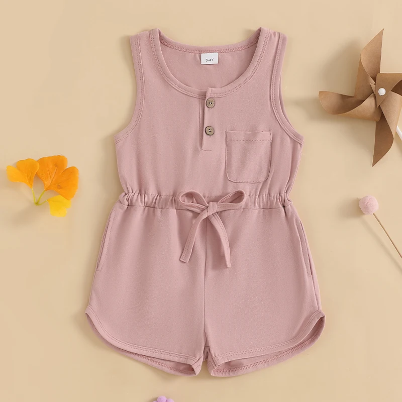 

Kids Baby Girls Summer Casual Jumpsuit Sleeveless Crewneck Solid Color Drawstring Tank Romper