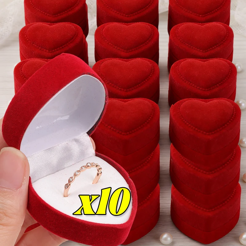 

1/10pcs Flocking Red Heart Shape Ring Boxes for Wedding Ring Earrings Romantic Valentine Day Gifts Charms Jewelry Display Cases