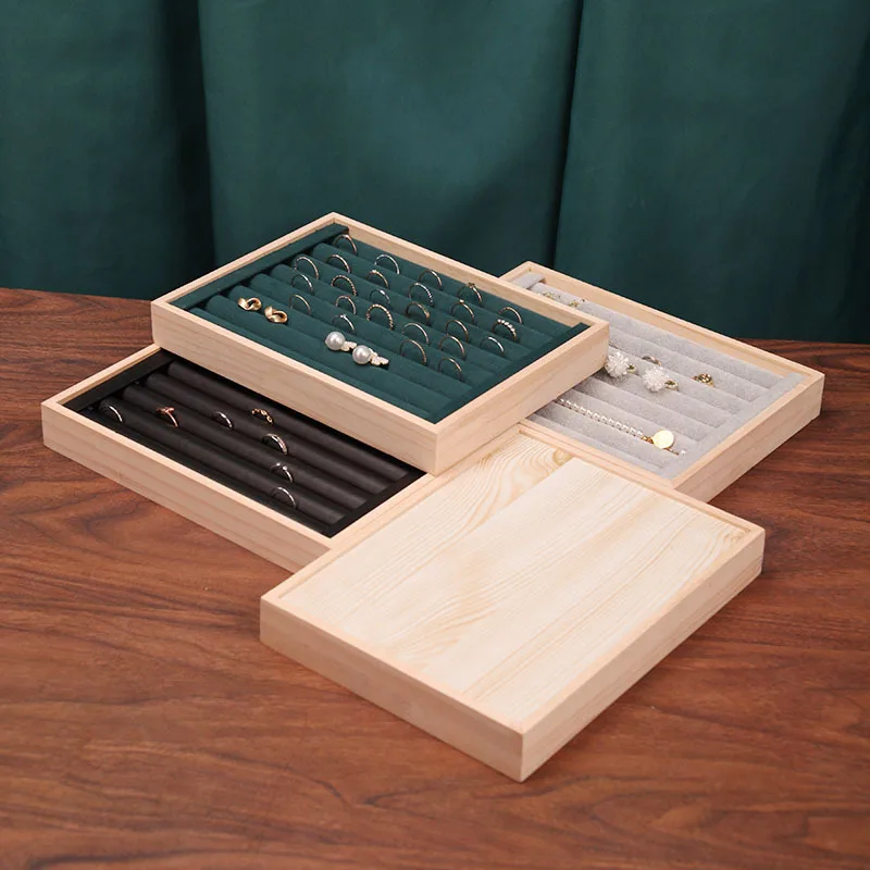 Solid Wood Small Flannel Ring Display Plate, Stud Earrings, Bracelet, Storage and Finishing Box, Ring Jewelry
