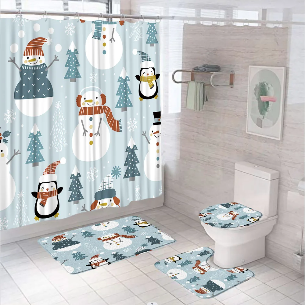 

Christmas Snowman Penguin Shower Curtain Set Non-Slip Rug Toilet Lid Cover Bath Mat Xmas Trees Winter Kids Bathroom Decor Screen