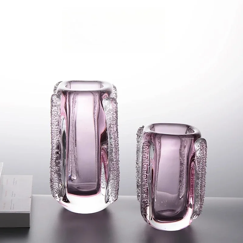 Pink square mouth glazed flower ware, light luxury and high-end sense of beautiful vase, thickened glass art flower ware living