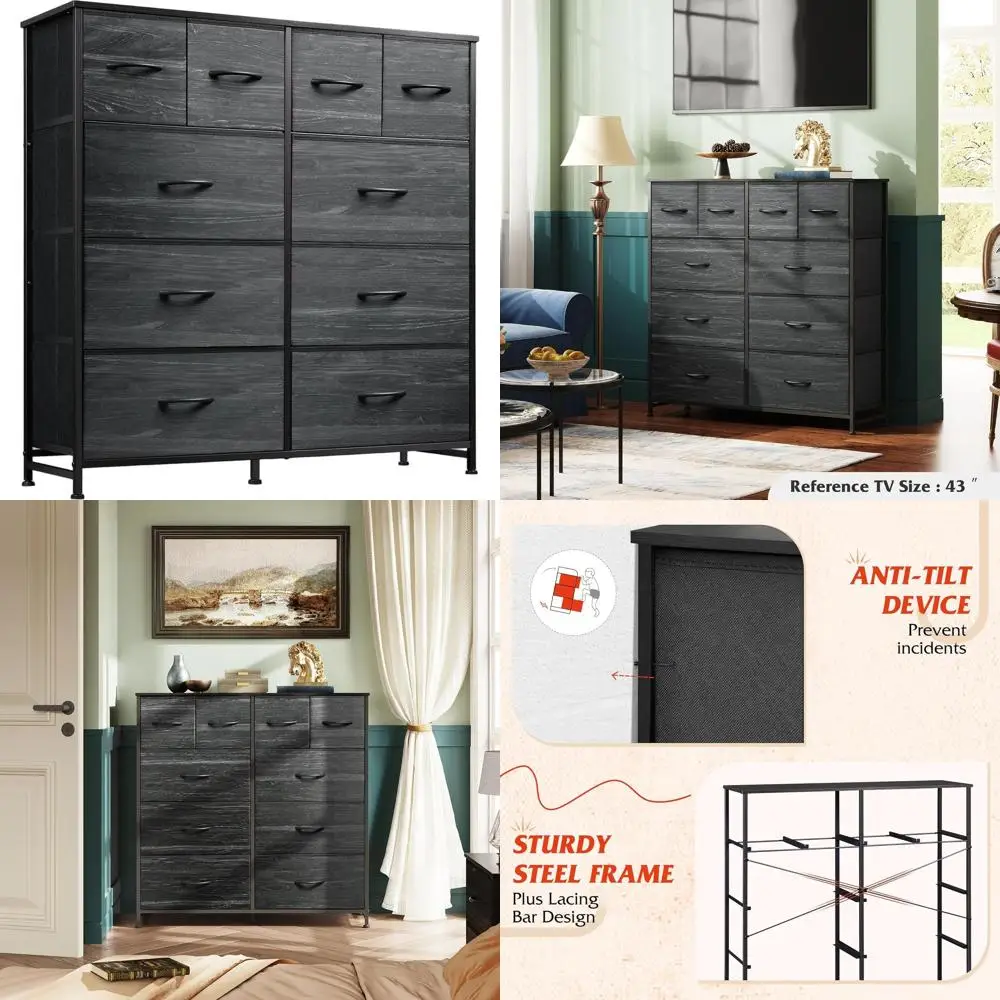 

10-Drawer Tall Storage Chest for Bedroom, Charcoal Black Wood-Grain Print, Metal Frame with Wooden Top