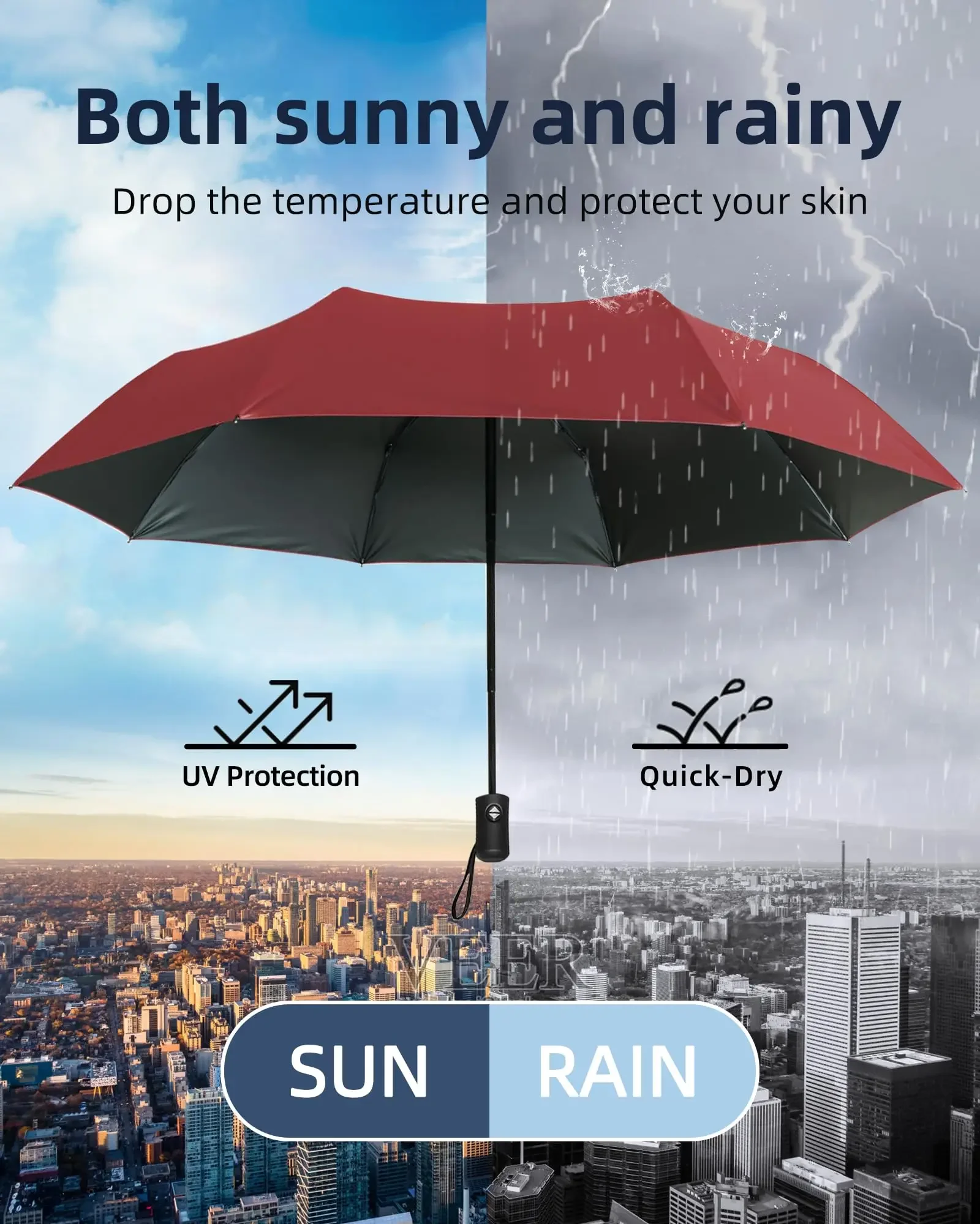 

12-костяной черный клей, полностью автоматический зонт, толстый, прочный, тройной, устойчивый к ультрафиолетовому излучению, складной дизайн для защиты и стиля