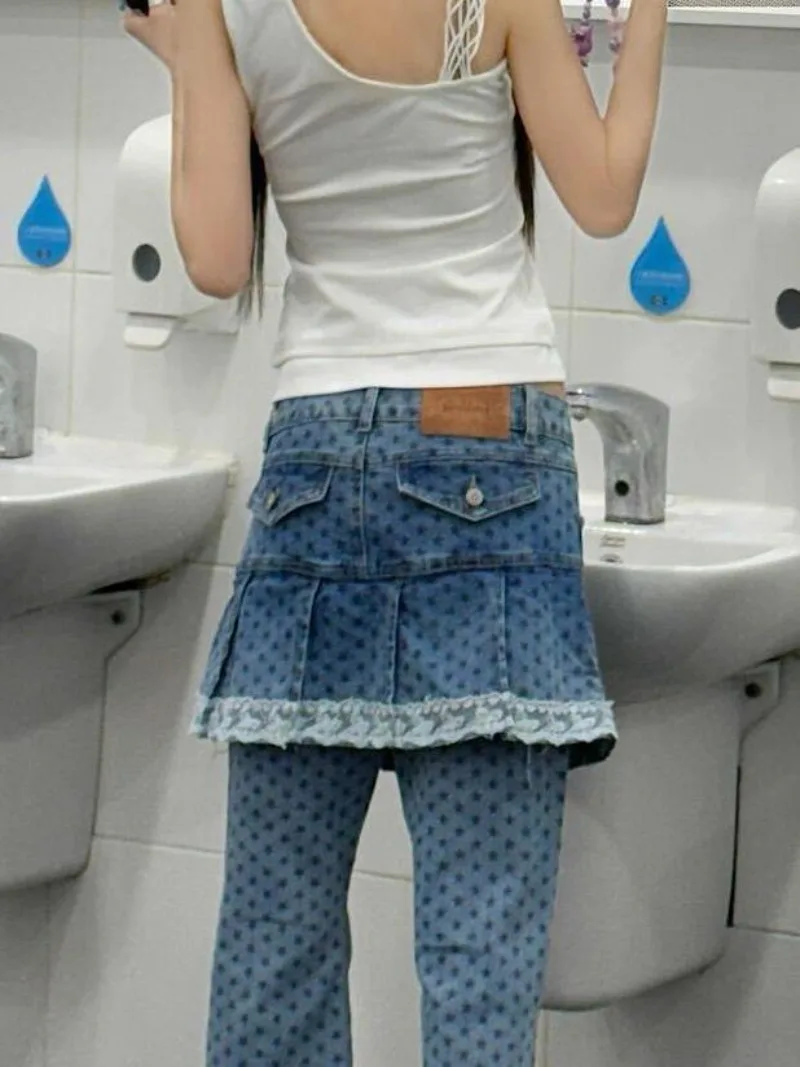 American Washed Lace Patchwork Fake Two-piece Skirt Pants for Women's Street Layering Design Slimming and Slightly Flared Pants