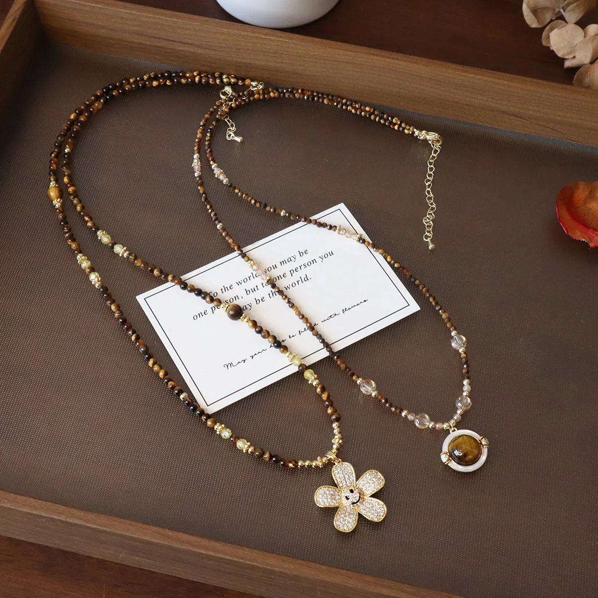 

Natural Tiger's Eye Stones Beaded Necklace for Women Autumn & Winter Luxury Zircon Flower Pendant Sweater Long Necklaces YNC210